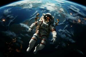en exterior espacio, un astronauta guardias tierra en un transformador viaje ai generado foto
