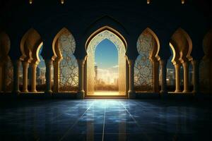 islámico mezquitas interior iluminado por el suave resplandor de luz de la luna ai generado foto