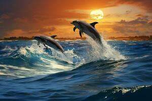 Marine enchantment dolphins leap over breaking waves in Hawaiis transformation AI Generated photo