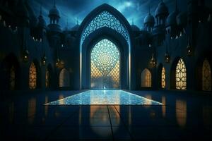 islámico mezquitas interior iluminado por el suave resplandor de luz de la luna ai generado foto