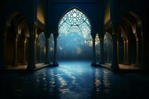 Intriguing play of moonlight in an Islamic mosques serene interior AI Generated photo