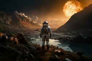 Mission to another world astronaut gathers a rock during space exploration AI Generated photo