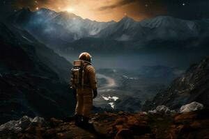 Mission to another world astronaut gathers a rock during space exploration AI Generated photo