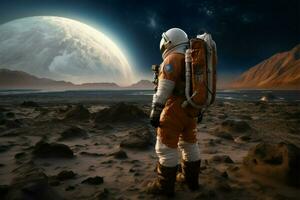 misión a el desconocido astronauta mira alrededor en otro planeta ai generado foto