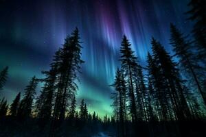 naturalezas ligero espectáculo arboles silueta debajo el púrpura y verde Aurora ai generado foto