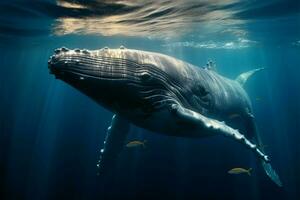 Playful baby humpback dances atop azure waves, a water ballet AI Generated photo