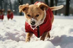 Off leash joy Transformed park, puppys snowy playtime in red coat AI Generated photo