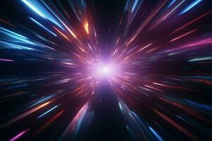 Abstract hyper warp neon flight in a retro futuristic space tunnel AI Generated photo