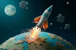Rocketing into fun child centric space cartoon background with a rocket AI Generated photo