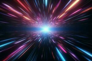 Retro neon warp abstract flight through 3D hyper tunnel space AI Generated photo