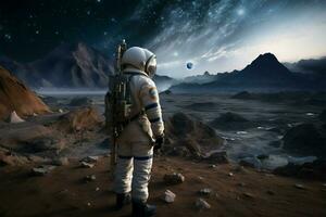 espacio explorador observa alrededores en un extraterrestre planeta durante misión ai generado foto