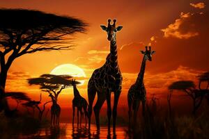 Sunset serenity a herd of giraffes in a tranquil transformation AI Generated photo