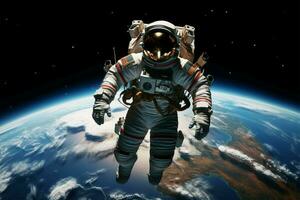 Transformed astronaut soars above Earth, a cosmic guardian in space AI Generated photo