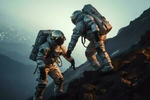 Transformed ascent Two astronauts conquer a mountain, symbolizing human triumph AI Generated photo