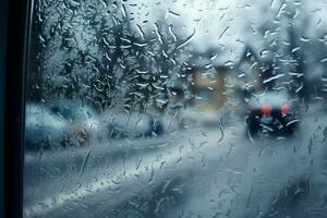 Transformed car window view freezing weather mixes rain and snow AI Generated photo