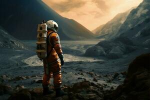 Astronaut explores alien terrain on another planet during space mission AI Generated photo