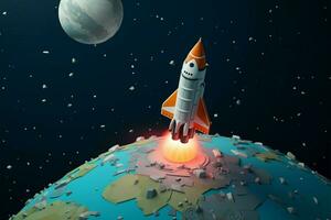 Vibrant space scene designed for kids, featuring a cartoon rocket AI Generated photo