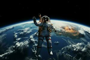 astronautas celestial Odisea guardando tierra desde el transformador cosmos ai generado foto