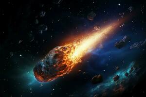 astronomía espectáculo cometa, asteroide, meteoritos, celestial caos debajo estrellado lona ai generado foto