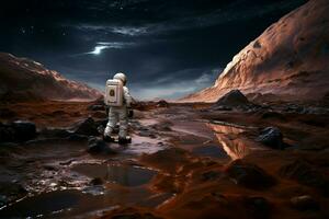 Bold astronauts interplanetary task rock collection on a distant planet AI Generated photo