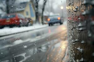 carros perspectiva transformado ver de congelación lluvia nieve en el calle ai generado foto