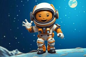 Cartoon astronaut on a planet, waving in science tech icon AI Generated photo