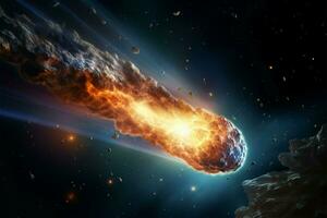 celestial cataclismo cometa, asteroide, meteorito lluvia en contra estrellado apocalipsis ai generado foto