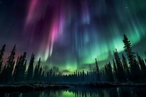 Celestial spectacle transformed night with purple and green aurora borealis AI Generated photo