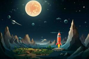 Childrens space adventure a playful cartoon backdrop featuring rockets AI Generated photo