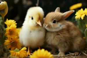 Bunny and chick exhibit adorable friendship, sealing it with a kiss AI Generated photo