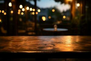 Cafes inviting glow surrounds a wooden table in the foreground AI Generated photo