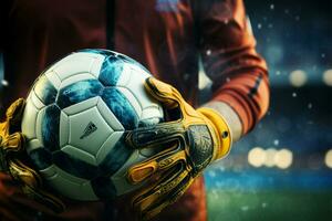 Close up Goalkeeper securely holds a soccer ball after a critical save AI Generated photo