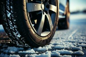 cerca arriba un coche rueda con un invierno neumático apretones glacial pavimento ai generado foto