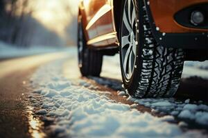 cerca arriba de un carros invierno neumático agarre el invernal la carretera ai generado foto