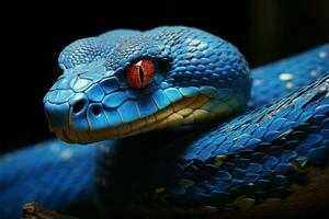 Closeup reveals the mesmerizing, transformed face of a blue viper snake AI Generated photo