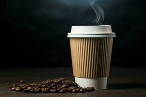 Coffee filled paper cup against a stark black background, minimalist elegance AI Generated photo