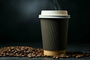 Coffee filled paper cup against a stark black background, minimalist elegance AI Generated photo