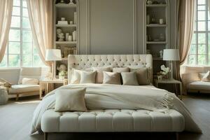 Comfort and style converge in a classic bedroom with a double bed AI Generated photo