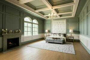 Custom master bedroom exudes luxury with wainscoting, fresh paint, and coffered ceiling AI Generated photo