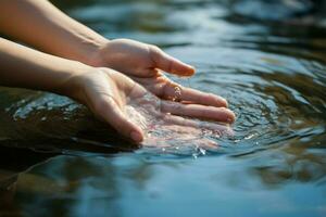 Delicate fingers caress the tranquil rivers shimmering, reflective surface AI Generated photo