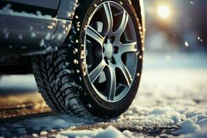 detallado ver de un invierno neumático en un coche rueda en movimiento ai generado foto