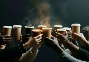 Diverse hands aloft, each gripping a steaming coffee filled vessel AI Generated photo