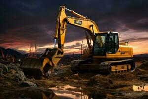 Evening scene excavators tirelessly at work, shaping the landscape AI Generated photo