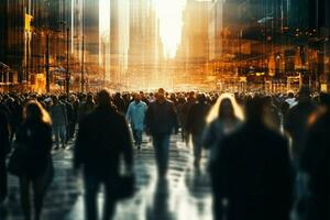 In the citys blur, anonymous pedestrians navigate the bustling street AI Generated photo