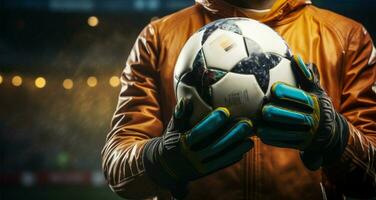 In close proximity, the goalkeeper clutches the soccer ball firmly AI Generated photo