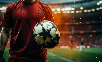 en el estadio, un jugador desde el rojo equipo agarra el fútbol pelota ai generado foto