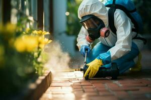 Insect exterminator in work attire, diligently applying pesticide outdoors AI Generated photo