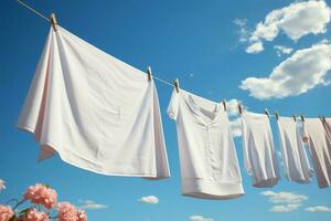 lavandería se balancea en el línea, el secado debajo el abierto cielo ai generado foto
