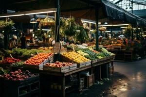 local Produce mercado, protegido por un acogedor techo, hace señas compradores ai generado foto