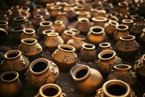 Market scene a variety of handmade clay pots scattered on ground AI Generated photo